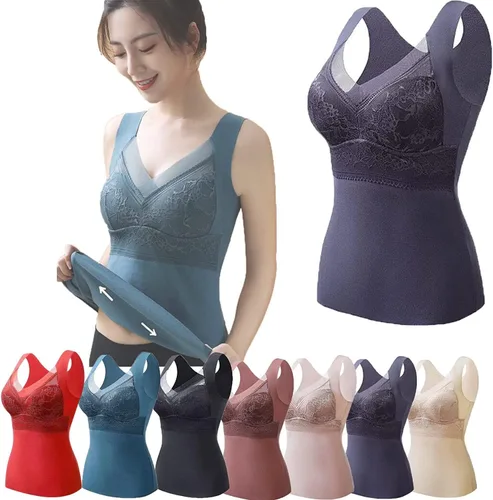 Vista 10 de Ropa interior térmica 2 en 1 con brasier incorporado, alta elasticidad, camiseta sin mangas integrada para mujer Negro