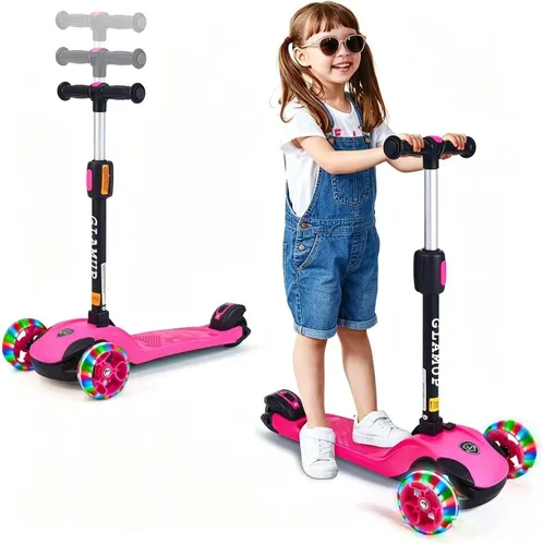 Vista 13 de GLAMUP Patinete para niños de 3 ruedas, manillar ajustable en altura para niños, sistema de inclinación para dirección y mecanismo de fácil plegado