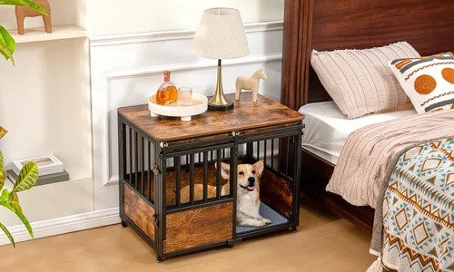 Vista 3 de KOOPRO Mueble de jaula para perros de 32 pulgadas con cojín, resistente para perros medianos Wooden Dog Kennel with Double Doors, Decorative Pet