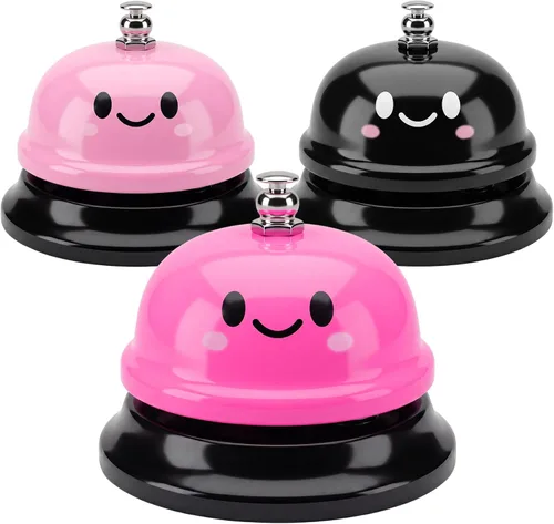 Vista 9 de Hotop Campanas de escritorio de 3 piezas para servicio, divertida recepción, sonriente, timbre de metal, timbre de llamada, para cocina, hotel