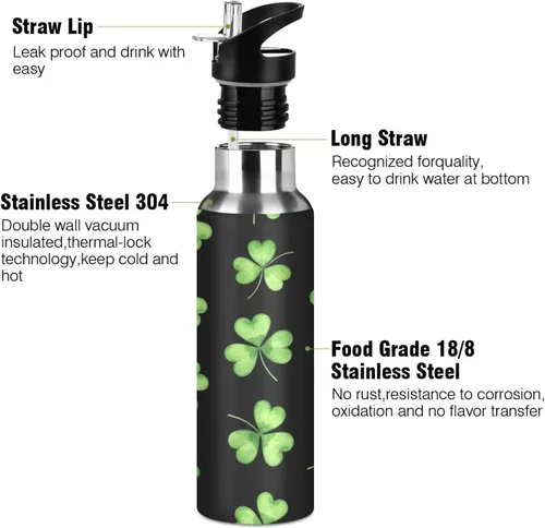 Vista 3 de Green Shamrocks Clovers - Botella de agua de acero inoxidable aislada con popote, 32 onzas, sin BPA, botella de agua deportiva a prueba de fugas