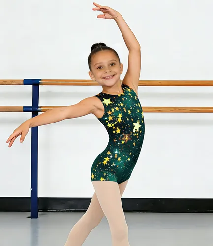 Vista 3 de Idgreatim Leotardos de gimnasia para niñas de 2 a 10 años, con mallas de ciclismo brillantes, unitardos, traje deportivo