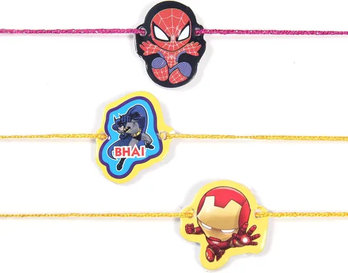 Vista 7 de Juego de 3 superhéroes Rakhi para hermano pequeño y hermana Rakhi de lujo para pequeño Bhai Bro Rakhi hilo RNJ0042, Algodón, No es una piedra