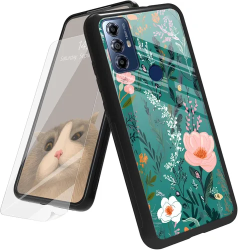 Vista 50 de Funda para Motorola Moto G Play 4G 2024 con protector de pantalla, parte trasera de vidrio templado + funda de silicona suave TPU absorción