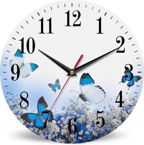 Vista 11 de Mxocom Reloj de pared de mariposa azul con grandes alas, mariposa volando a través del cielo estrellado, reloj silencioso sin tictac de 10 pulgadas