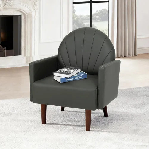 Vista 5 de Moderno sofá individual tapizado, sillón de piel sintética, silla de tocador con respaldo de carcasa con cojín de espuma de alta resistencia, silla