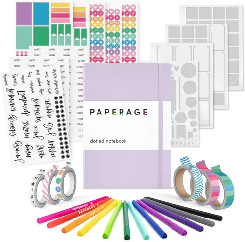 Vista 7 de PAPERAGE Kit de diario de viñetas, juego de diario punteado y kit estacionario, cuaderno de tapa dura con puntos (rubor), 12 bolígrafos finos, 8