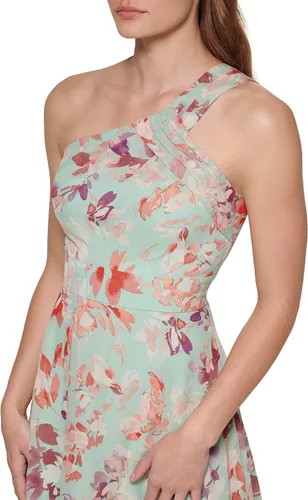 Vista 4 de Eliza J Vestido de mujer estilo estampado gasa sin mangas asimétrico un hombro vestido