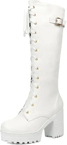 Vista 45 de Parisuit Botas góticas altas hasta la rodilla con hebilla de plataforma para mujer, tacón alto grueso, con cordones, botas de combate punk, con Negro