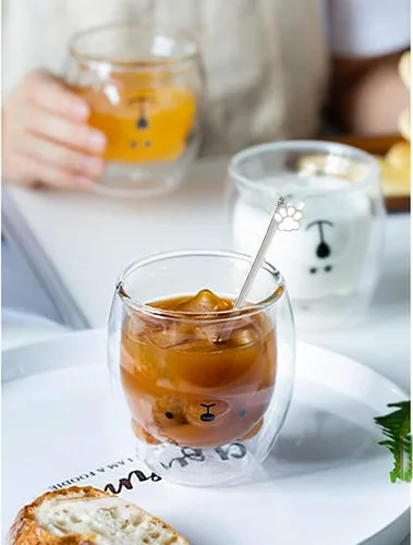 Vista 4 de Binoster Tazas Lindas de Oso Kawaii de Vidrio de Doble Pared para Café y Té, Taza de Yogur Divertida, Regalo Novedoso para Mujeres, Sus Amigas