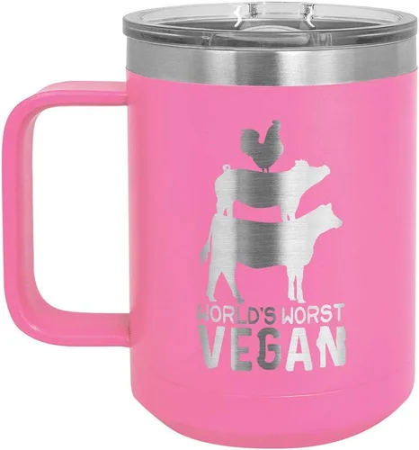 Vista 6 de Worlds Worst - Taza de café vegana negra de 15 onzas con tapa superior deslizante, taza de café de viaje aislada Idea de regalo para barbacoa