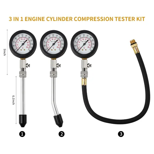 Vista 5 de Kit de comprobador de compresión de 8 piezas, medidor de presión de cilindro de motor de gasolina de 0-300 PSI, herramienta automotriz para Negro