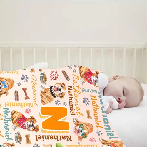 Vista 2 de Manta preescolar personalizada de bulldog para bebés, niños y niñas, sábanas de franela personalizadas súper suaves y ligeras, decoración para cuna