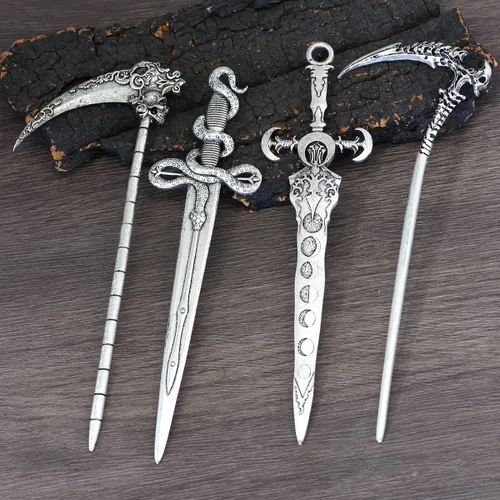 Vista 2 de GuoShuang Accesorios para el cabello para mujer, 4 piezas de palitos para cabello largo con diseño de calavera gótica, luna, serpiente, espada
