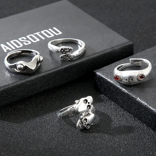 Vista 4 de AIDSOTOU - Juego de anillos abiertos vintage para hombre, con diseño de rana, serpiente, calavera, estilo gótico, punk, para hombres, mujeres