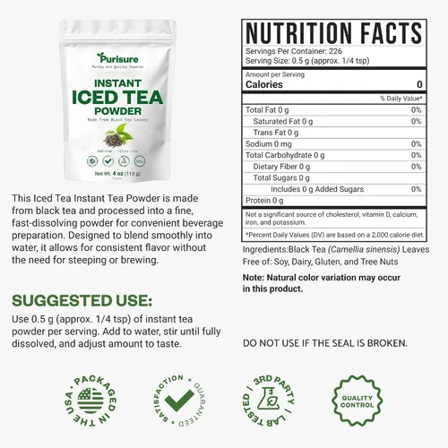 Vista 2 de Purisure Polvo de té negro instantáneo sin azúcar, hecho de hojas de té reales, sin sabor a limón, sin azúcar, cero calorías, se disuelve en agua
