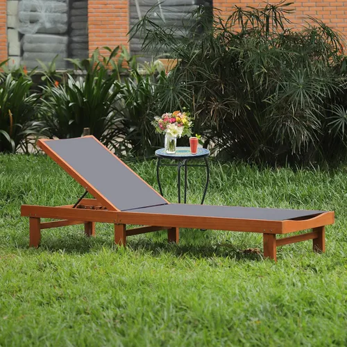 Vista 2 de Tangkula Sillón de madera para exteriores, tumbona de patio con respaldo ajustable de 5 posiciones, sillón reclinable de madera de eucalipto con Gris