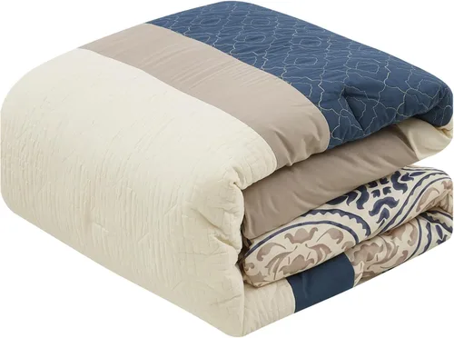 Vista 7 de Grand Avenue Juego de edredón azul King, ropa de cama con estampado de microfibra, geométrico, patchwork de 7 piezas, edredones, fundas de almohada