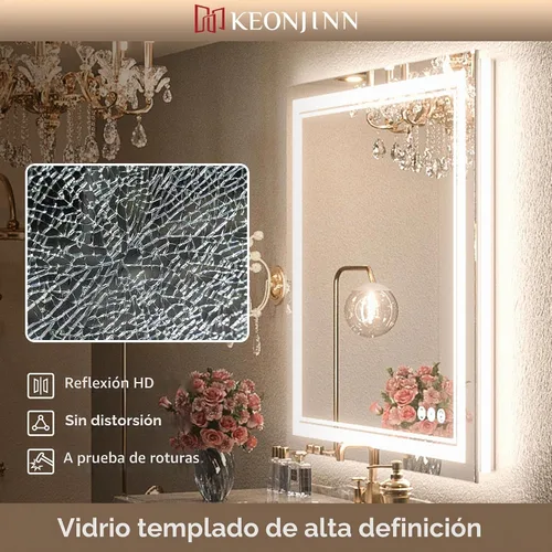 Vista 3 de Keonjinn Espejo de baño LED de 48 x 24 pulgadas con luz frontal