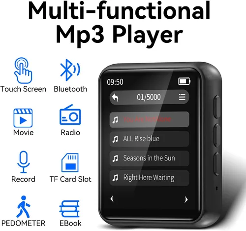 Vista 6 de Reproductor MP3 de 64 GB con Bluetooth, pantalla táctil completa, reproductor MP3 de música portátil, altavoz HD integrado, radio FM, grabadora