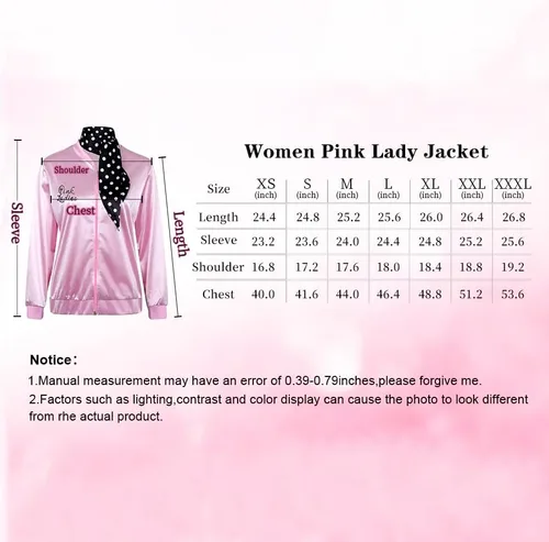 Vista 8 de Chaqueta rosa de los años 50, disfraz de Halloween para mujer, chaqueta de satén, cosplay, accesorios de vestir para adultos, con bufanda