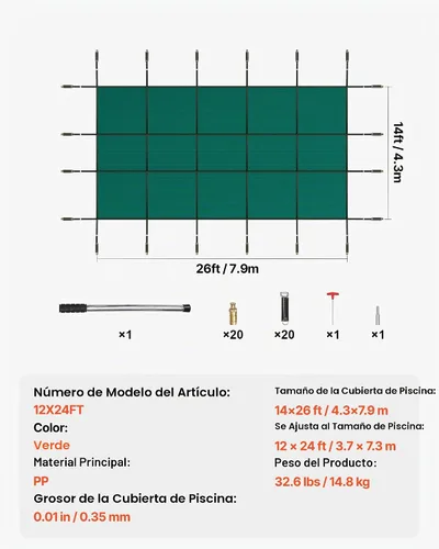 Vista 8 de VEVOR - Funda de seguridad para piscina de 12 x 24 pies, cubierta rectangular de seguridad para piscina subterránea de malla verde, cubierta