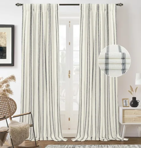 Vista 26 de DriftAway, cortinas de mezcla de lino estilo granja 100% opacas de 63 pulgadas de largo para dormitorio, cortinas de lino con rayas verticales