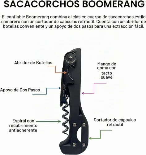 Vista 2 de Boomerang Sacacorchos de dos pasos de tacto suave, color negro