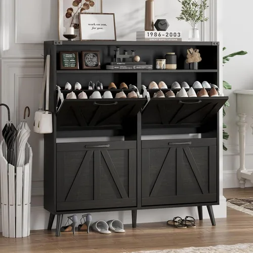 Vista 9 de Halitaa - Gabinete para zapatos con 2 cajones abatibles y almacenamiento abierto, gabinete de almacenamiento de zapatos estilo granja para entrada