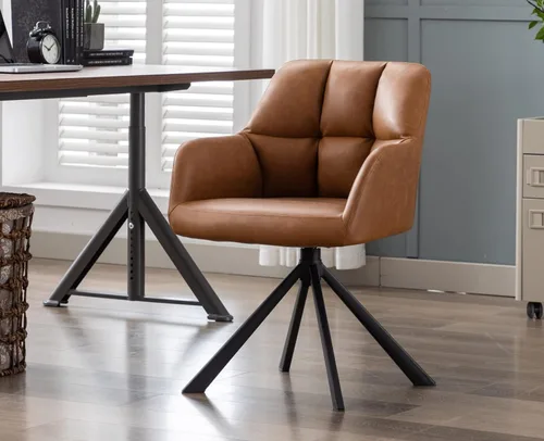 Vista 10 de EALSON Cómoda silla de escritorio de terciopelo moderna para computadora, sin ruedas, silla giratoria con brazo de respaldo medio para sala de Beige