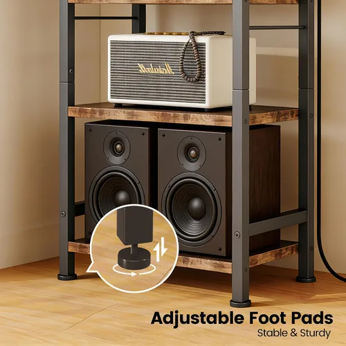 Vista 8 de Homeiju Soporte multimedia AV de 4 niveles con toma de corriente, soporte de madera para tocadiscos, centro de entretenimiento con estantes