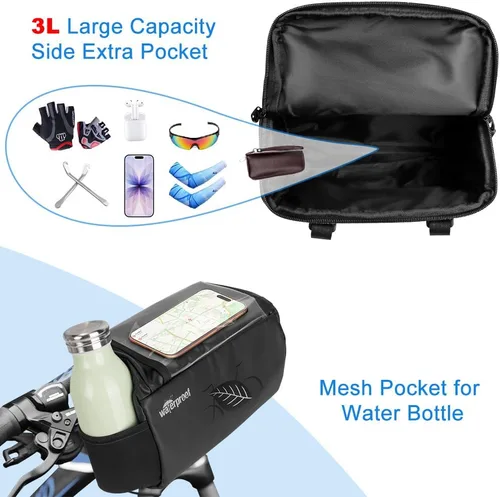 Vista 4 de WOTOW Bolsa de Manillar Impermeable para Bicicleta, Bolsa de Cesta Frontal con Soporte para Teléfono de Pantalla Táctil, Bolsa de Almacenamiento
