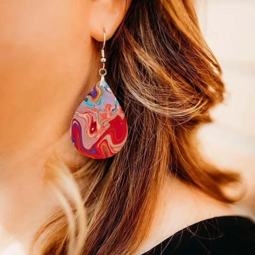 Vista 44 de Dangle Earrings for Women Colorful Dangling Drop Statement Jewelry Printed MDF Wood Teardrop Double Side Print Handmade by The Painted Pug
