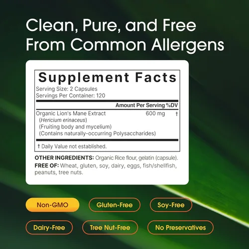 Vista 3 de NatureBell Melena de león - 240 cápsulas - Cuerpo fructífero orgánico y micelio - Soporte cerebral, inmunológico y energético* - Extracto de alta