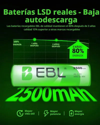 Vista 5 de EBL Baterías recargables AA de 1.2 V 2500 mAh de alto rendimiento precargadas pilas AA – 4