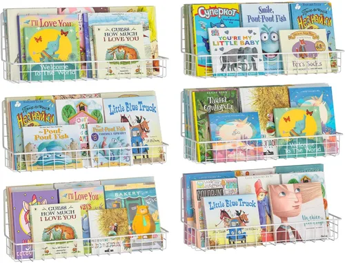 Vista 8 de X-cosrack Paquete de 4 estanterías de metal montadas en la pared, estantes flotantes para libros para niños, guardería, aula infantil, organizador