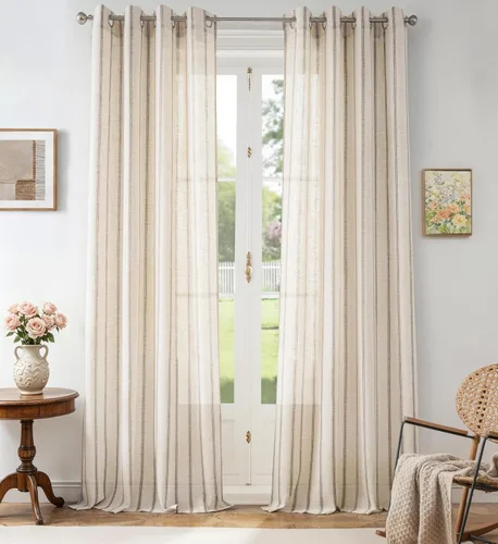 Vista 119 de DriftAway Cortinas de estilo granja con rayas verticales de lino mezclado texturizado con filtro de luz semitransparente para sala de estar