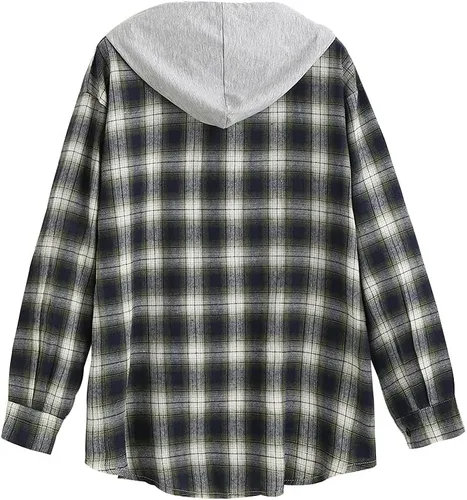 Vista 3 de ZAFUL Camisa de manga larga a cuadros para mujer, mezcla de lana con botonadura, chaqueta fina, blusa casual con bolsillo.
