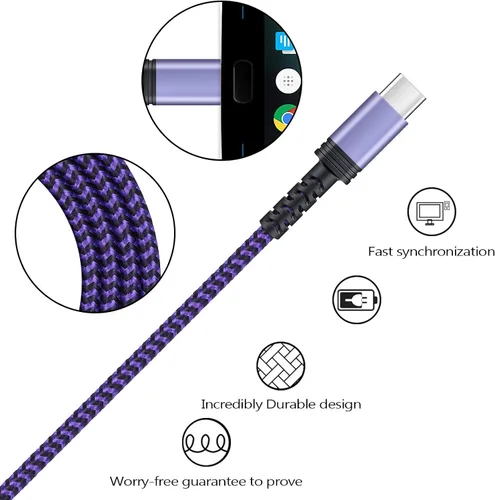 Vista 5 de Cable de carga C de carga rápida tipo coche USB C cable Android Kindle teléfono 6 pies 2 unidades para Samsung Galaxy A13 A14 A54 A53 A01 A12 S22