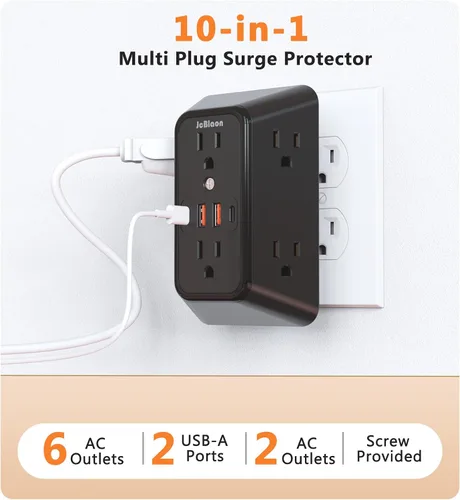 Vista 2 de Regleta de pared con cargador USB, protector contra sobretensiones con 4 puertos USB (2 USB C), extensión de enchufe, múltiples salidas, extensión
