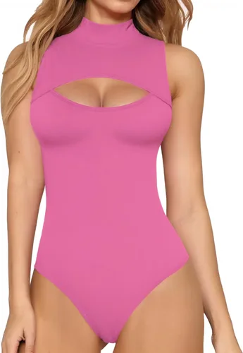 Vista 11 de MANGOPOP - Body de cuello alto con recorte frontal para mujer, manga larga, sin mangas, cuello de tortuga, trajes sexys 01 Manga larga negra