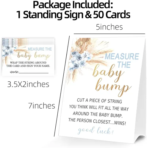 Vista 3 de Letrero de Baby Shower Games Measure the Baby Bump, How Big is Mommy's Belly Party Favors, cartel de pie Kraft de 5 x 7 pulgadas y 50 tarjetas