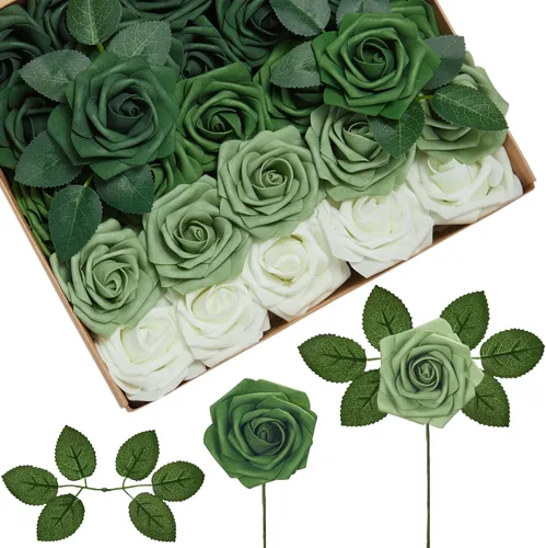 Vista 18 de InnoGear Flores artificiales, paquete de 50 unidades, rosas artificiales de espuma negras con tallos a granel para decoración, ramos de boda DIY