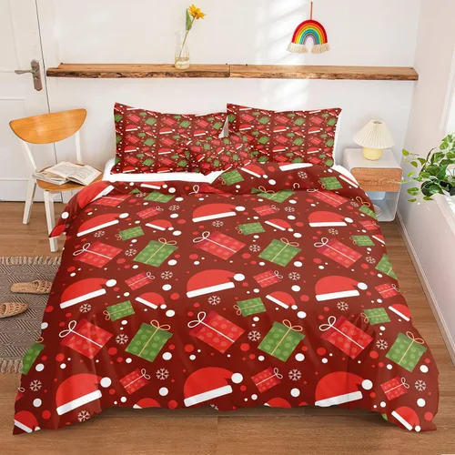 Vista 26 de Juego de ropa de cama de Navidad con funda de edredón de copos de nieve, color blanco y rojo, con estampado navideño, juego de ropa de cama festiva