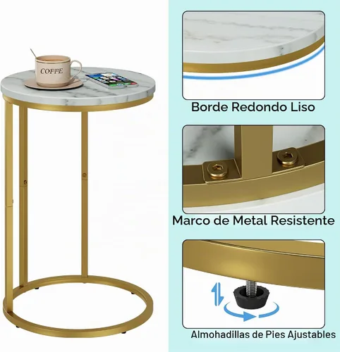 Vista 7 de Function Home Mesa auxiliar de mesa C, mesa auxiliar de sofá en forma de C de mármol, mesas de sofá que se deslizan por debajo, mesa decorativa
