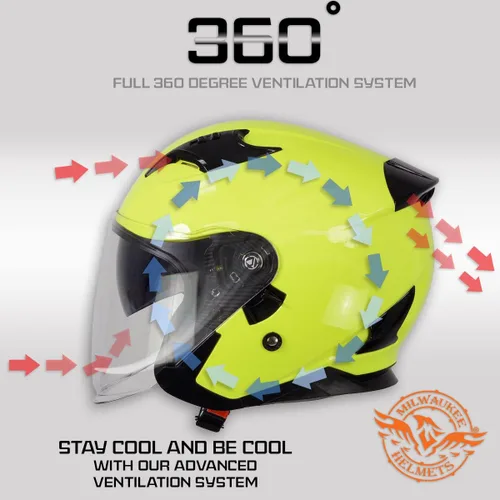 Vista 5 de Milwaukee Helmets MPH9823DOT 'Shift' - Casco de cara abierta 3/4 amarillo neón para hombres y mujeres con visera tintada desplegable
