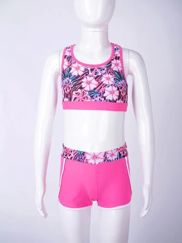 Vista 5 de Traje de baño tankini para niños y niñas, estampado de camiseta corta con calzones y pantalones cortos, traje de baño de 3 piezas