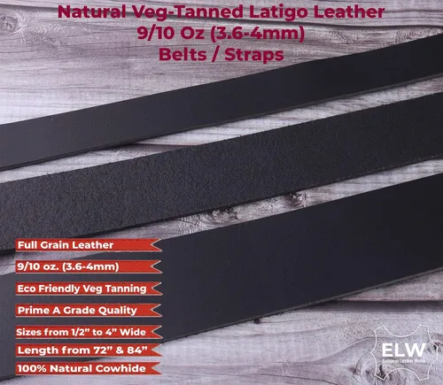 Vista 3 de ELW Negro Latigo Leather 9-10oz (0.142-0.157 in) correas, cinturones, tiras 1-1/2" (3.8cm) de ancho x 72" (1.83m) de largo cuero de grano completo