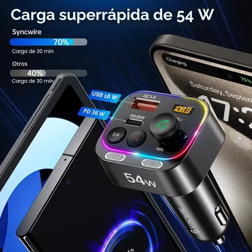 Vista 4 de Syncwire Bluetooth 5.4 Transmisor FM Adaptador de coche 54W (PD 36W y 18W) [Micrófonos duales más fuertes] [Interruptor de luz]