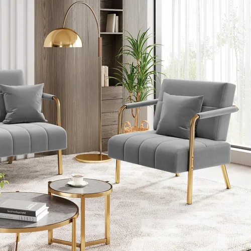 Vista 2 de Yaheetech Silla de Acento de Terciopelo de 30" de Ancho Sillón Grande con Marco Dorado y Almohada Cómoda para Sala de Estar, Dormitorio, Oficina